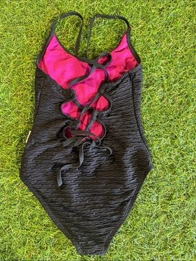 Lime apple Kids Black & Pink One-Piece Swim Suit with Lace-Up Back